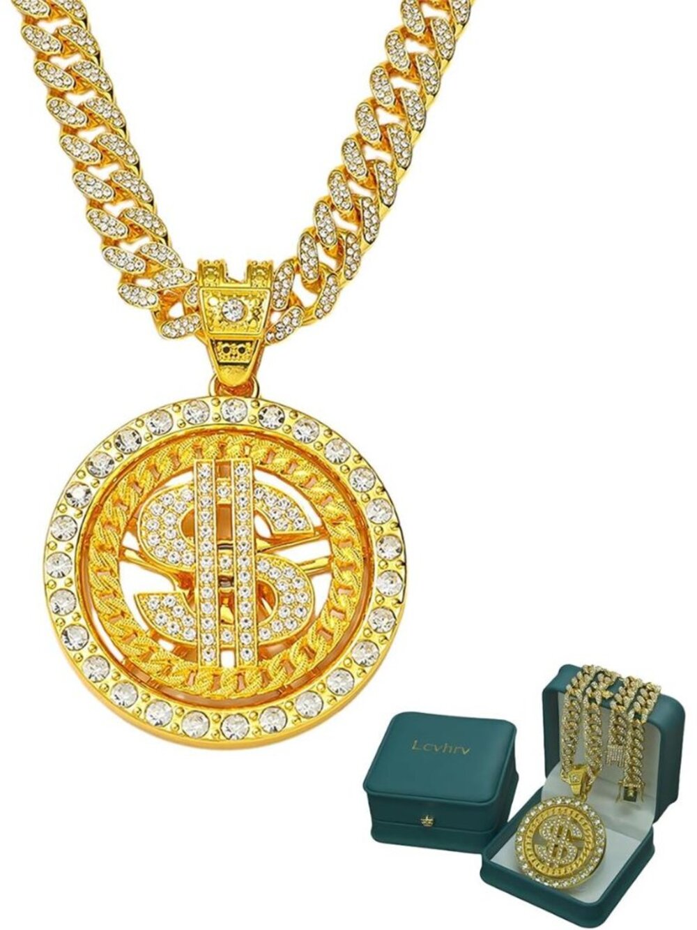 Hip Hop Men's Necklace with Rotating Dollar Sign Pendant, Iced Out Cuban Link